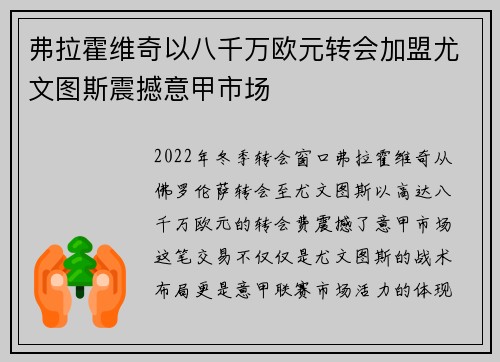 弗拉霍维奇以八千万欧元转会加盟尤文图斯震撼意甲市场